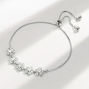 Dainty Elegant Chic Adjustable Crystal Flower Silver Toned Bracelet